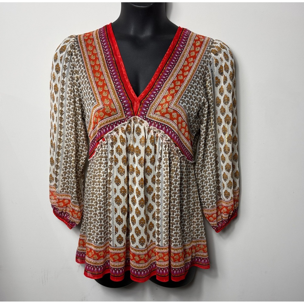 Rose Olive‎ Women Babydoll Tunic S Orange Metallic Boho Indie Festival Peasant